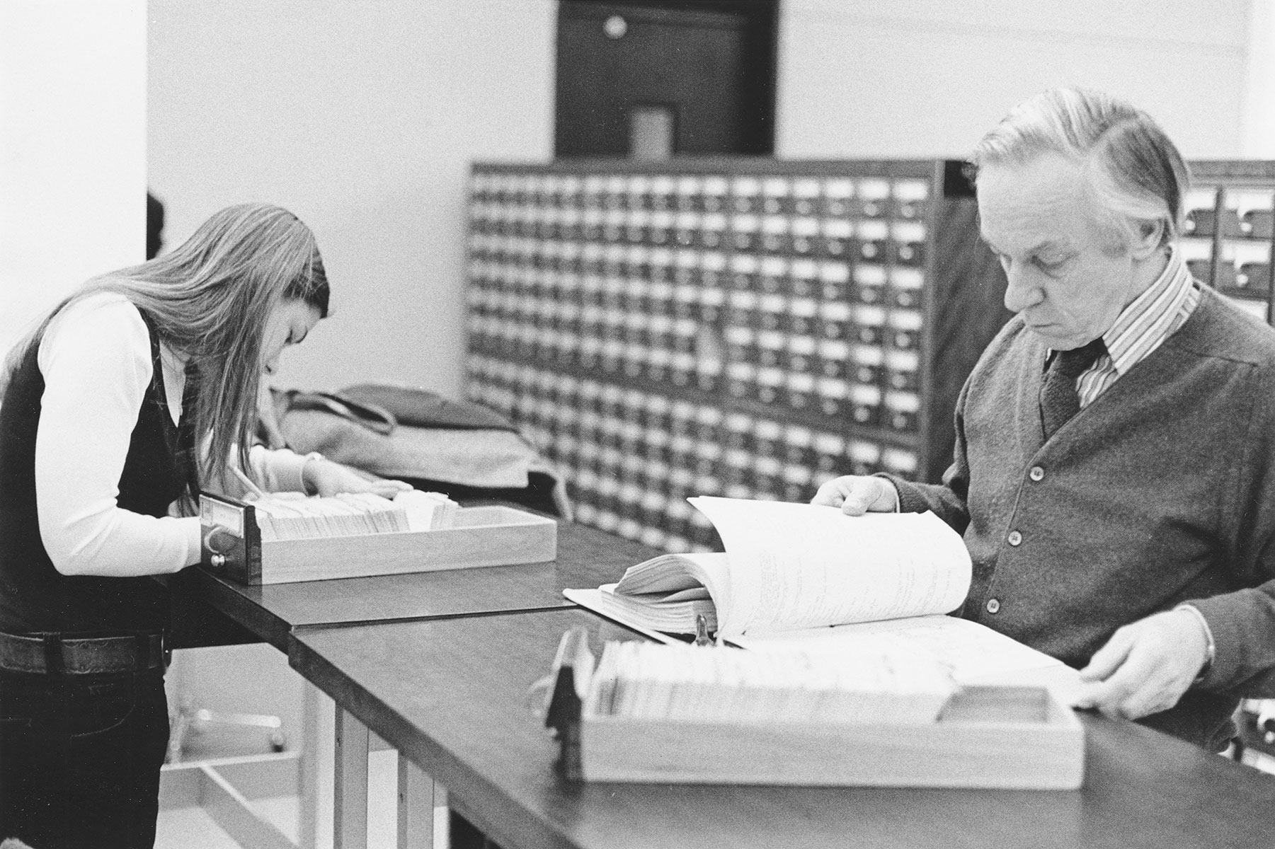 Researchers at the card catalog, circa 1970