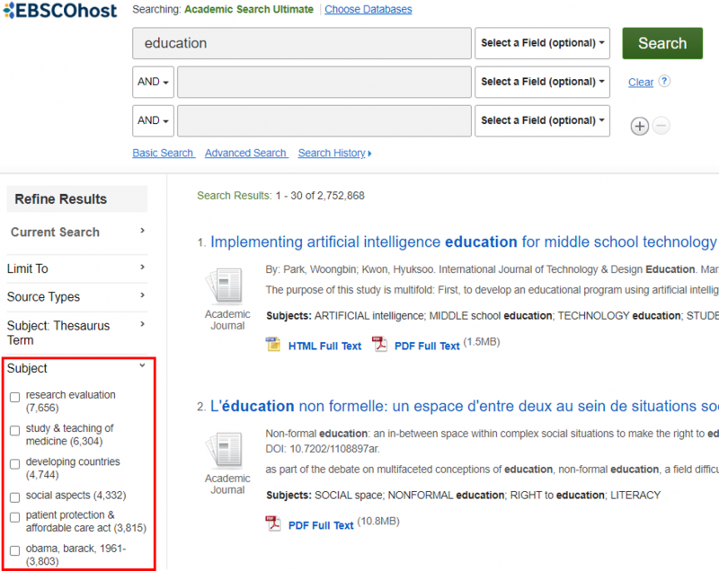 Screen capture of Academic Search Ultimate database search. The search term "Education" is entered in the search bar. Subject terms, including "research evaluation" and "social aspects" are highlighted in the menu on the left of the screen.